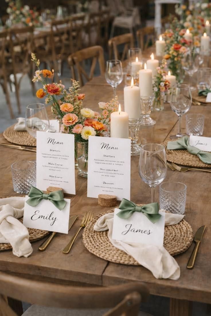 Rustic table with wicker placemats and sage bows