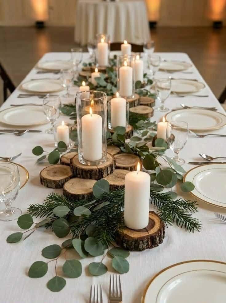 Wood slice candles with eucalyptus garland