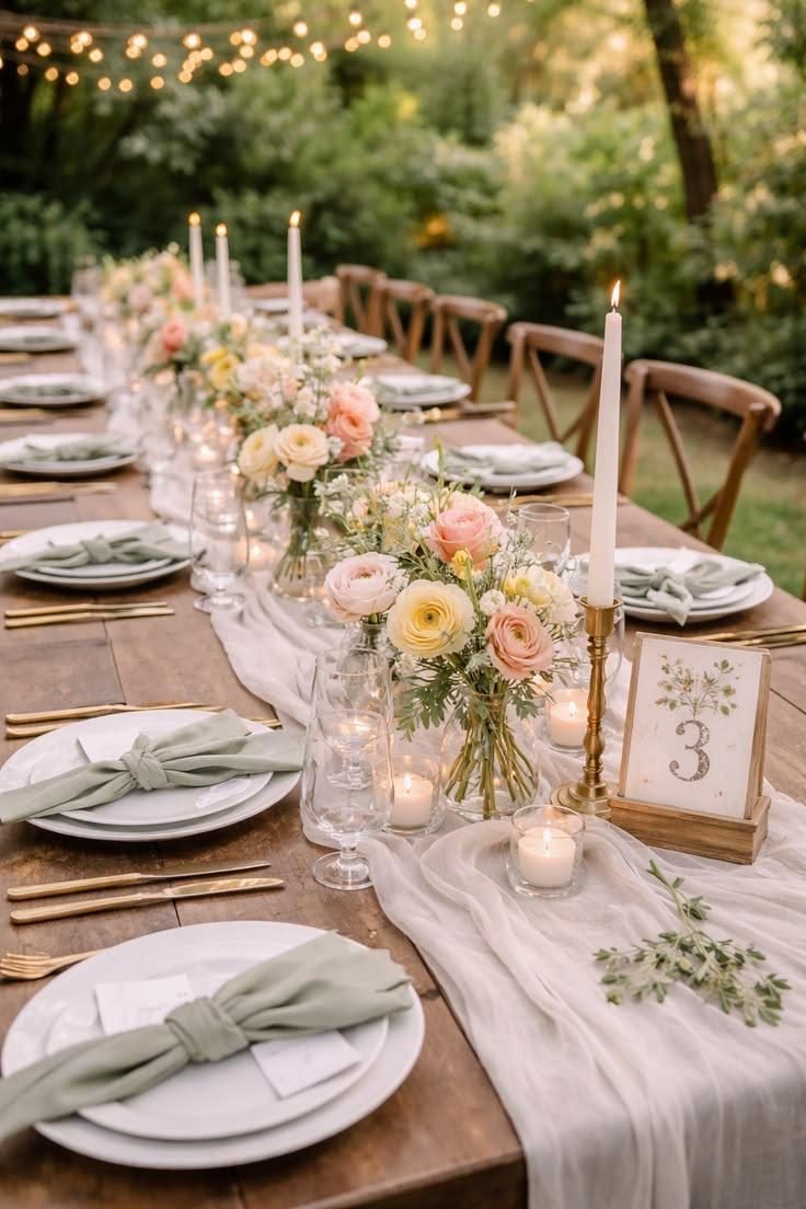 Rustic wedding table styling with sage napkins, gold cutlery and fairy lights
